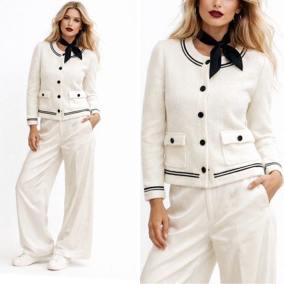 Karl Lagerfeld White Bouclé Jacket Contrast Trim & Logo Buttons, Chanel Style - Picture 1 of 11